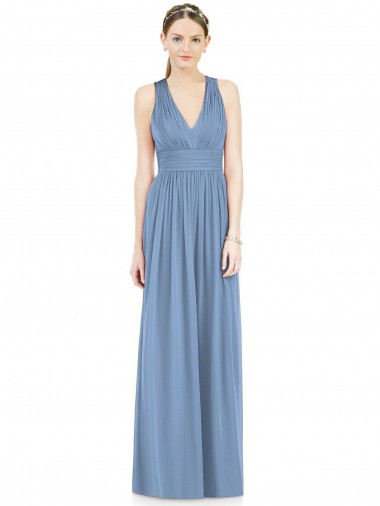V-Neck Long Chiffon Dusty Blue Sleeveless Bridesmaid Gowns Victoria
