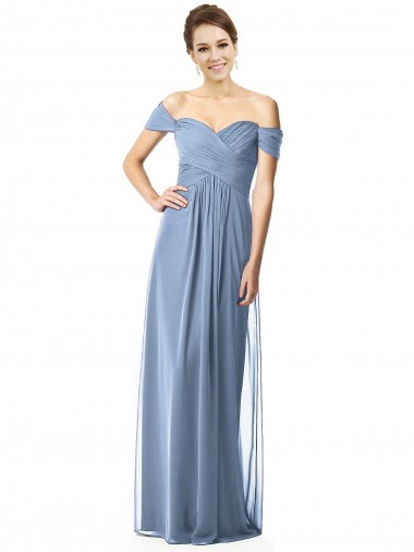 Off the Shoulder Long Soft Chiffon Dusty Blue Cap Sleeves Bridesmaid Dress Victoria