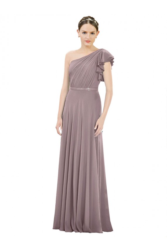 One Shoulder Long Soft Chiffon Dusty Rose Sleeveless Bridesmaid Dress Victoria
