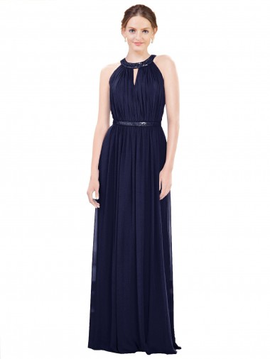 High Neck Long Soft Chiffon Dark Navy Sleeveless Bridesmaid Dress / Formal Dress Victoria