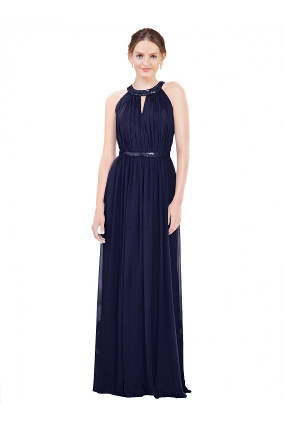 High Neck Long Soft Chiffon Dark Navy Sleeveless Bridesmaid Dress / Formal Dress Victoria
