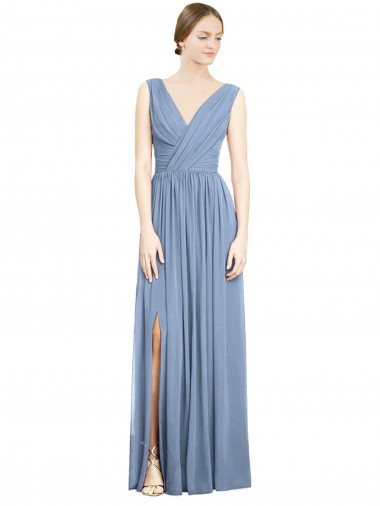 V-Neck Long Soft Chiffon Dusty Blue Sleeveless Semi Formal Evening Dress / Bridesmaid Dress Victoria