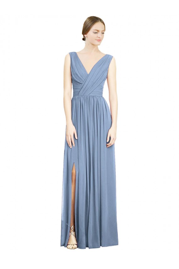 V-Neck Long Soft Chiffon Dusty Blue Sleeveless Semi Formal Evening Dress / Bridesmaid Dress Victoria