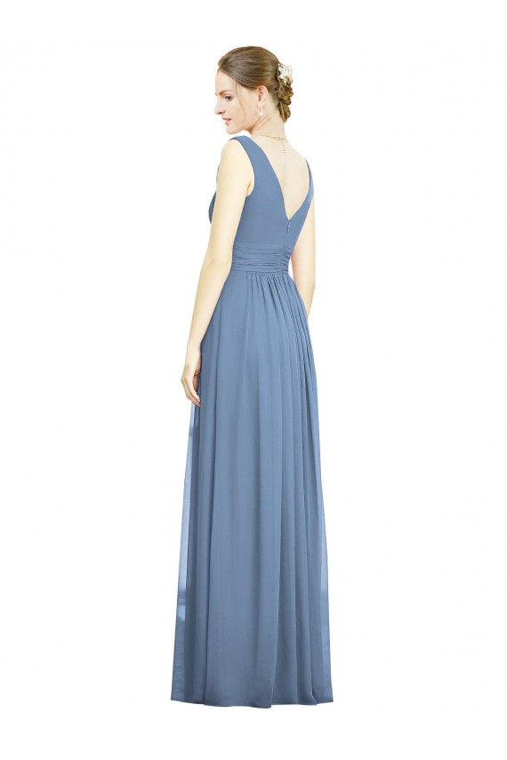 V-Neck Long Soft Chiffon Dusty Blue Sleeveless Semi Formal Evening Dress / Bridesmaid Dress Victoria