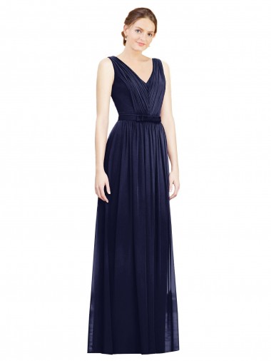 V-Neck Long Chiffon Dark Navy A-Line Sleeveless Bridesmaid Gowns Victoria
