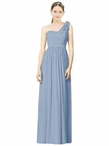 One Shoulder Long Soft Chiffon Dusty Blue Sleeveless Bridesmaid Dress Victoria