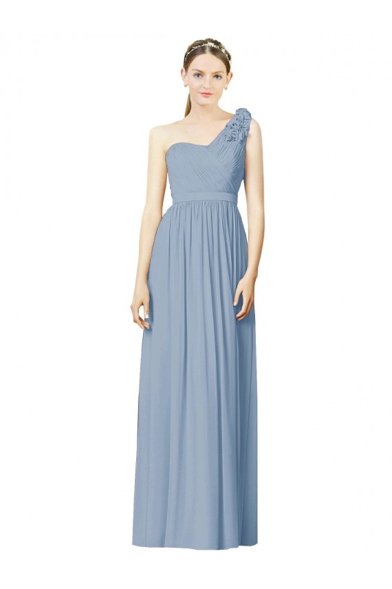 One Shoulder Long Soft Chiffon Dusty Blue Sleeveless Bridesmaid Dress Victoria