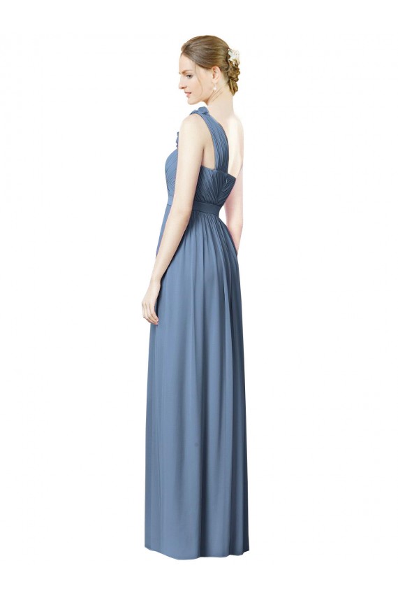 One Shoulder Long Soft Chiffon Dusty Blue Sleeveless Bridesmaid Dress Victoria