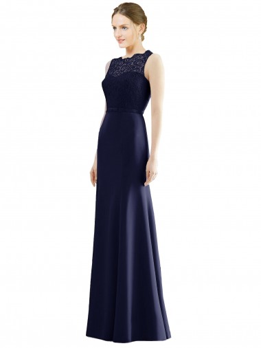 Illusion Neck Long Soft Chiffon & Lace Dark Navy Sleeveless Bridesmaid Dress Victoria