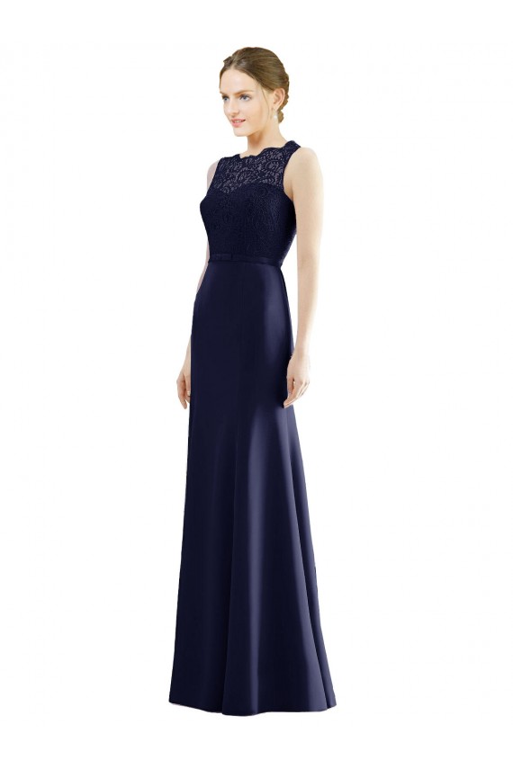 Illusion Neck Long Soft Chiffon & Lace Dark Navy Sleeveless Bridesmaid Dress Victoria