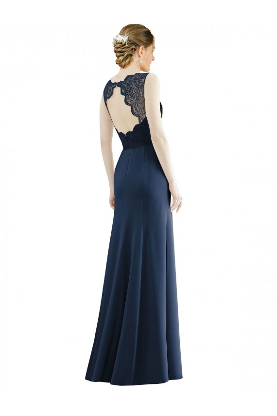 Illusion Neck Long Soft Chiffon & Lace Dark Navy Sleeveless Bridesmaid Dress Victoria