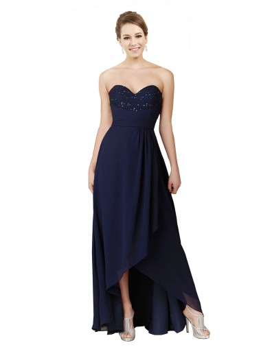 Sweetheart Long Soft Chiffon Dark Navy Sleeveless High Low Bridesmaid Dress Victoria