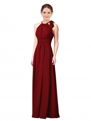 Halter Neck Long Soft Chiffon Burgundy Sleeveless Bridesmaid Dress Victoria