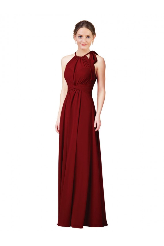 Halter Neck Long Soft Chiffon Burgundy Sleeveless Bridesmaid Dress Victoria