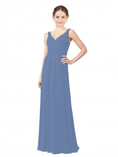 V-Neck Long Soft Chiffon Windsor Blue Sleeveless Bridal Party Dress Victoria