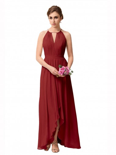 High Neck Soft Chiffon Burgundy Sleeveless High Low Bridesmaid Dress Victoria