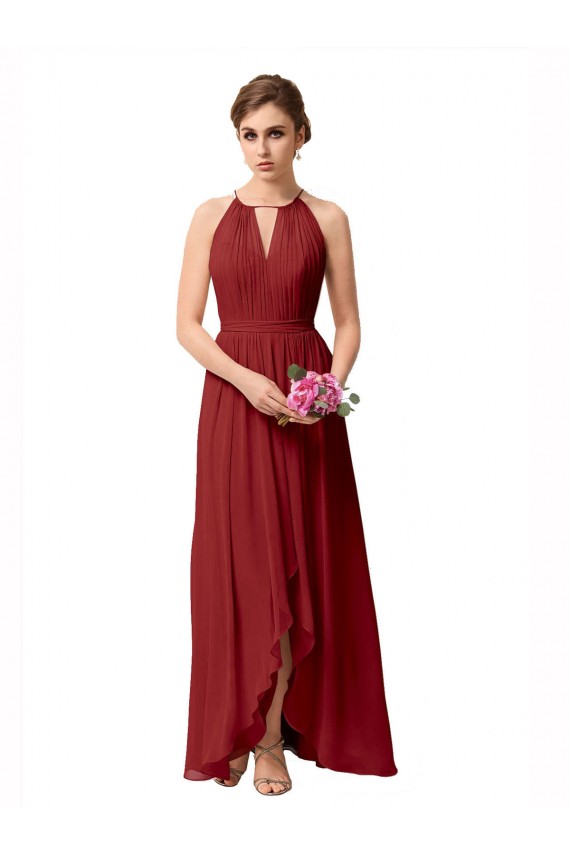 High Neck Soft Chiffon Burgundy Sleeveless High Low Bridesmaid Dress Victoria