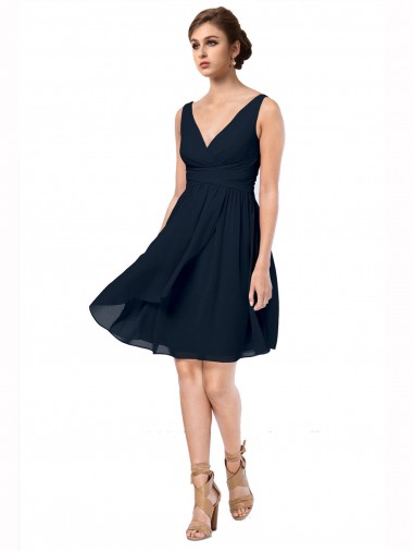 V-Neck Knee Length Soft Chiffon Dark Navy Sleeveless Bridesmaid Dress Victoria