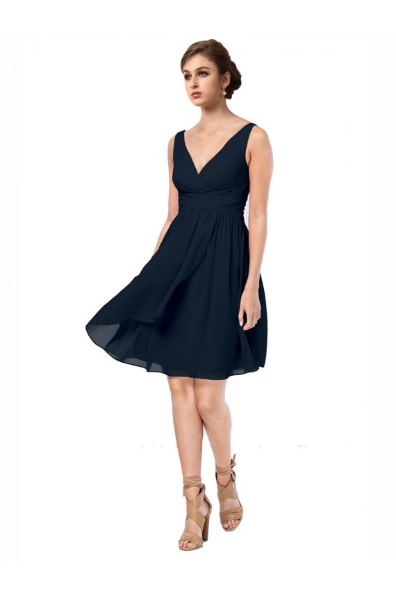 V-Neck Knee Length Soft Chiffon Dark Navy Sleeveless Bridesmaid Dress Victoria