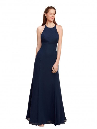 High Neck Long Soft Chiffon Dark Navy Sleeveless Prom Dress / Bridesmaid Dress Victoria