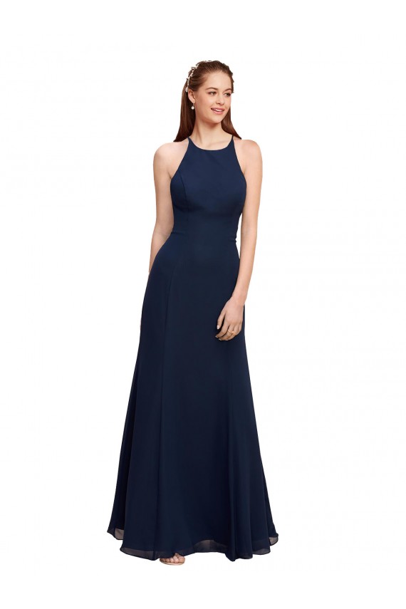 High Neck Long Soft Chiffon Dark Navy Sleeveless Prom Dress / Bridesmaid Dress Victoria