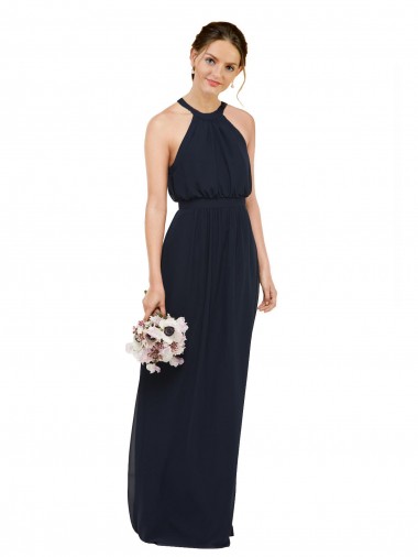 High Neck Long Chiffon Dark Navy Sleeveless Bridesmaid Dress Victoria