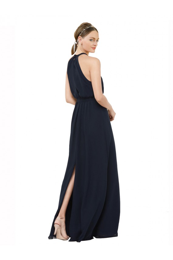 High Neck Long Chiffon Dark Navy Sleeveless Bridesmaid Dress Victoria