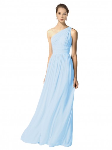 One Shoulder Long Soft Chiffon Light Sky Blue Sleeveless Bridesmaid Dress Victoria