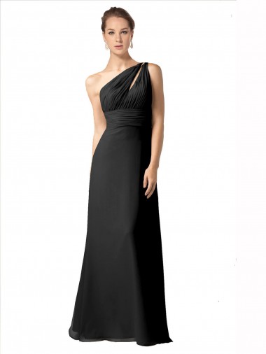 One Shoulder Long Soft Chiffon Black Sleeveless Bridesmaid Dress Victoria
