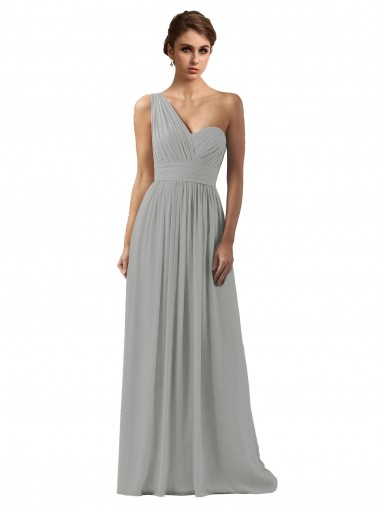 One Shoulder Long Soft Chiffon Silver Sleeveless Bridesmaid Dress Victoria