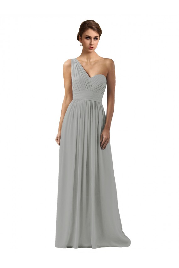 One Shoulder Long Soft Chiffon Silver Sleeveless Bridesmaid Dress Victoria