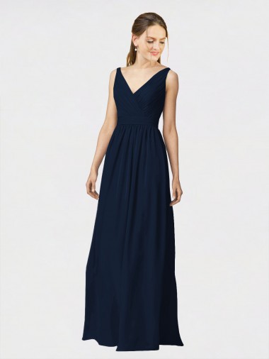 V-Neck Long Chiffon Dark Navy Sleeveless Bridesmaid Dresses / Formal Dresses Victoria