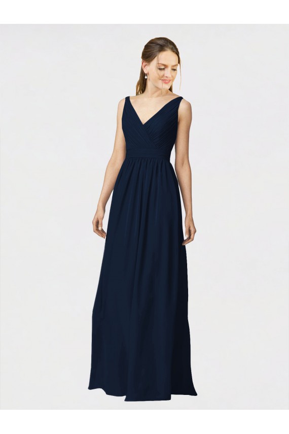 V-Neck Long Chiffon Dark Navy Sleeveless Bridesmaid Dresses / Formal Dresses Victoria