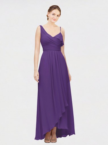 V-Neck Long Soft Chiffon Plum Purple Sleeveless High Low Bridesmaid Dress Victoria