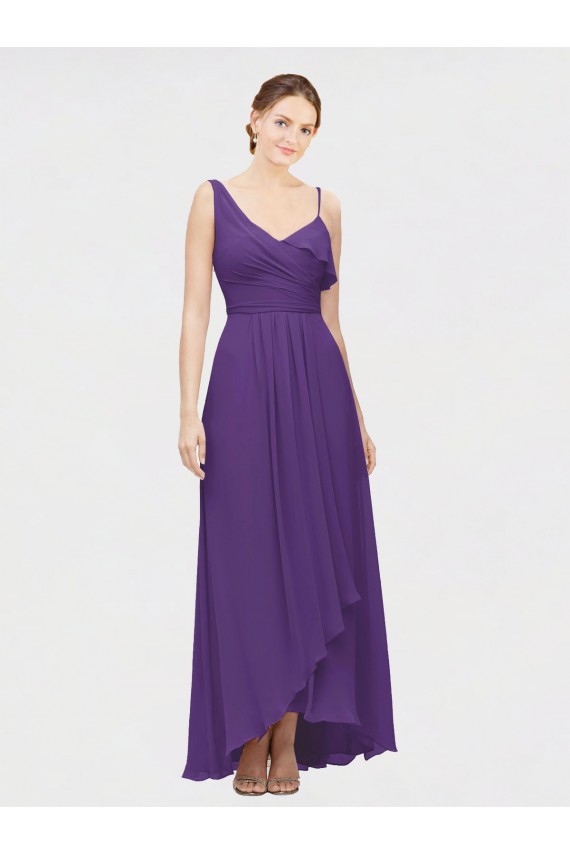 V-Neck Long Soft Chiffon Plum Purple Sleeveless High Low Bridesmaid Dress Victoria