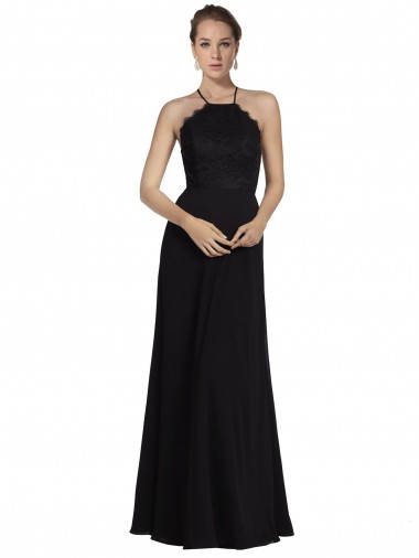 Halter Neck Long Soft Chiffon & Lace Black Sleeveless Bridesmaid Gown Victoria
