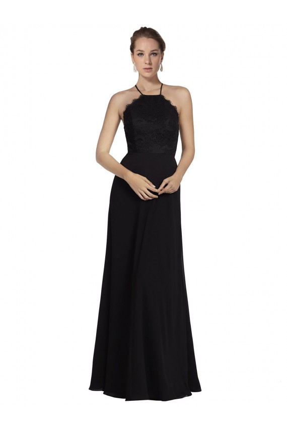 Halter Neck Long Soft Chiffon & Lace Black Sleeveless Bridesmaid Gown Victoria