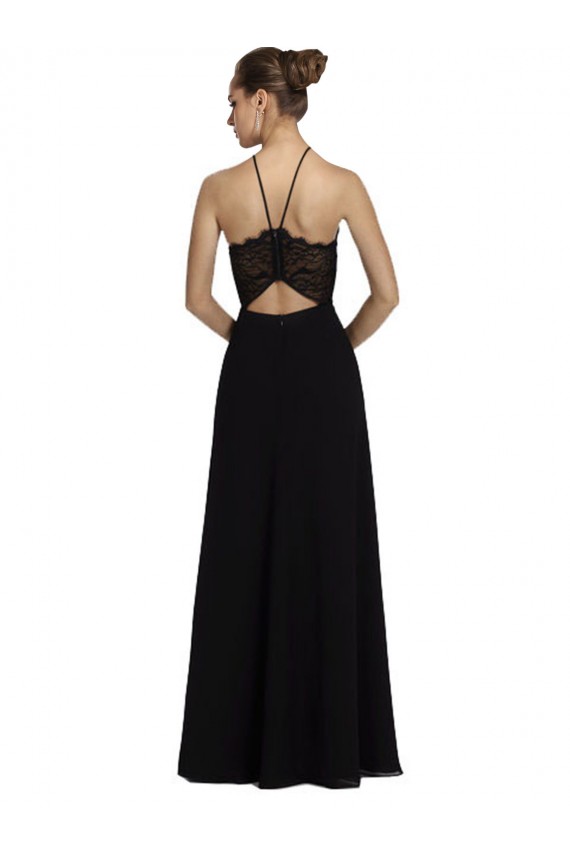 Halter Neck Long Soft Chiffon & Lace Black Sleeveless Bridesmaid Gown Victoria
