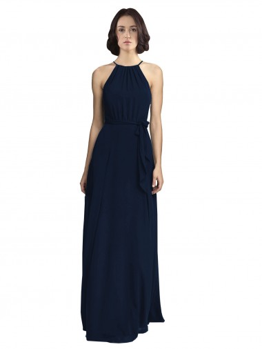 High Neck Long Chiffon Dark Navy Sleeveless Evening Gowns / Bridesmaid Dresses Victoria