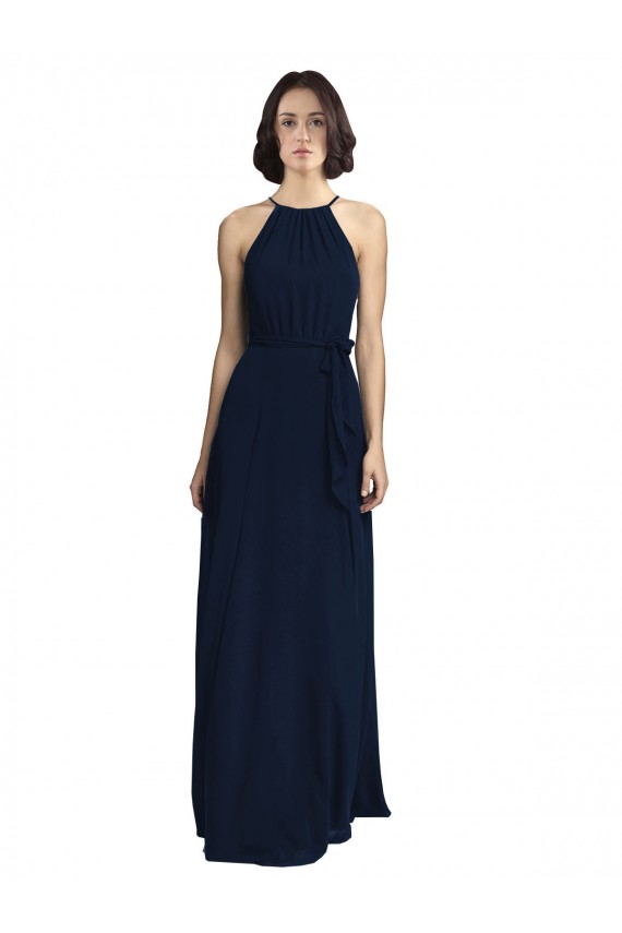 High Neck Long Chiffon Dark Navy Sleeveless Evening Gowns / Bridesmaid Dresses Victoria