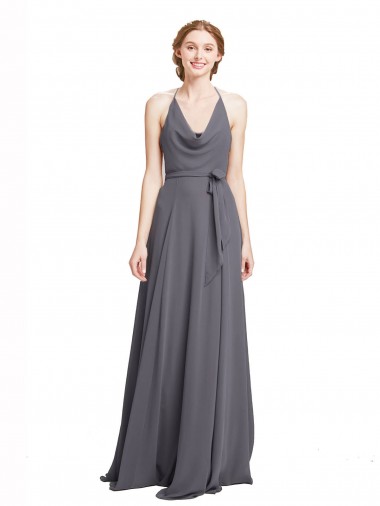 Halter Neck Long Soft Chiffon Slate Grey Sleeveless Bridesmaid Dress Victoria