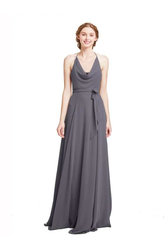 Halter Neck Long Soft Chiffon Slate Grey Sleeveless Bridesmaid Dress Victoria