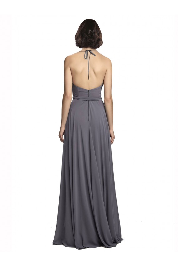 Halter Neck Long Soft Chiffon Slate Grey Sleeveless Bridesmaid Dress Victoria