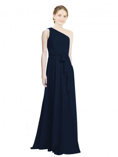 One Shoulder Long Chiffon Dark Navy Sleeveless Bridesmaid Dress / Evening Dress Victoria