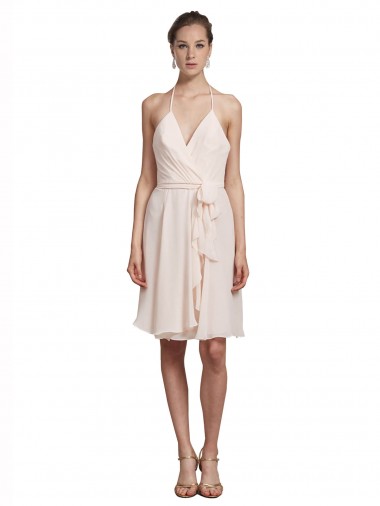 V-Neck Knee Length Soft Chiffon Cream Pink Sleeveless Bridesmaid Dress Victoria