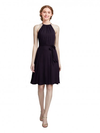 High Neck Knee Length Soft Chiffon Grape Sleeveless Bridesmaid Dress Victoria