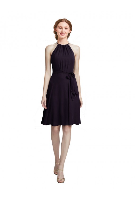 High Neck Knee Length Soft Chiffon Grape Sleeveless Bridesmaid Dress Victoria