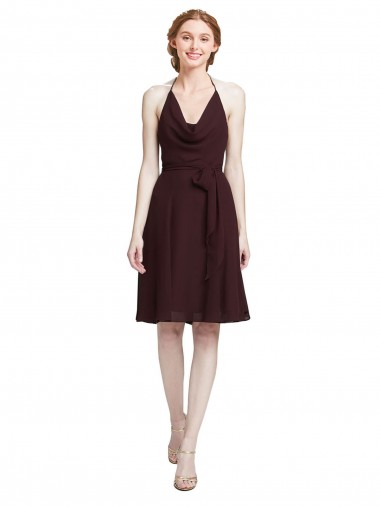 Halter Neck Knee Length Soft Chiffon Burgundy Gold Sleeveless Bridesmaid Dress Victoria