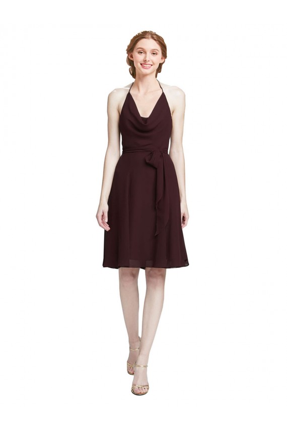 Halter Neck Knee Length Soft Chiffon Burgundy Gold Sleeveless Bridesmaid Dress Victoria