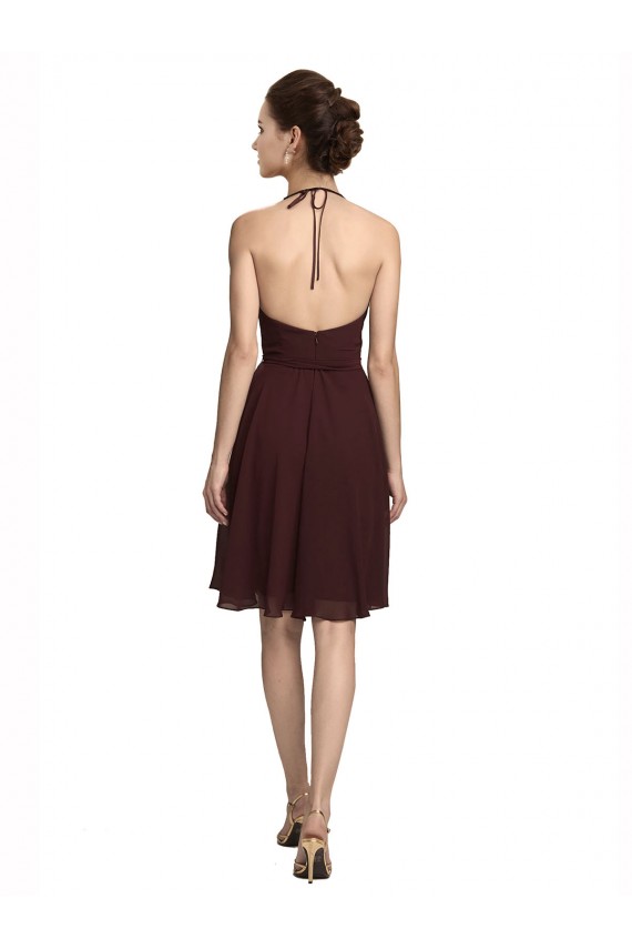 Halter Neck Knee Length Soft Chiffon Burgundy Gold Sleeveless Bridesmaid Dress Victoria